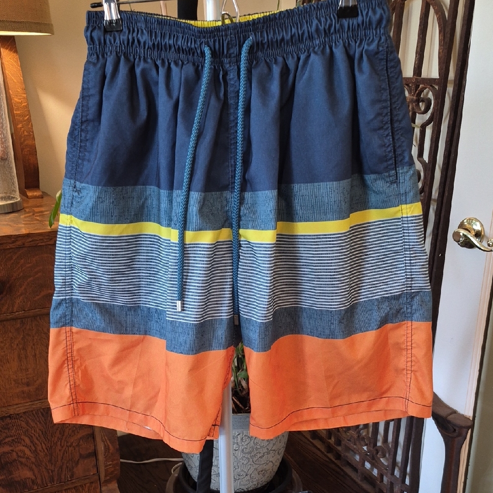 Stylish Blue and Orange Men's Swim Board Shorts